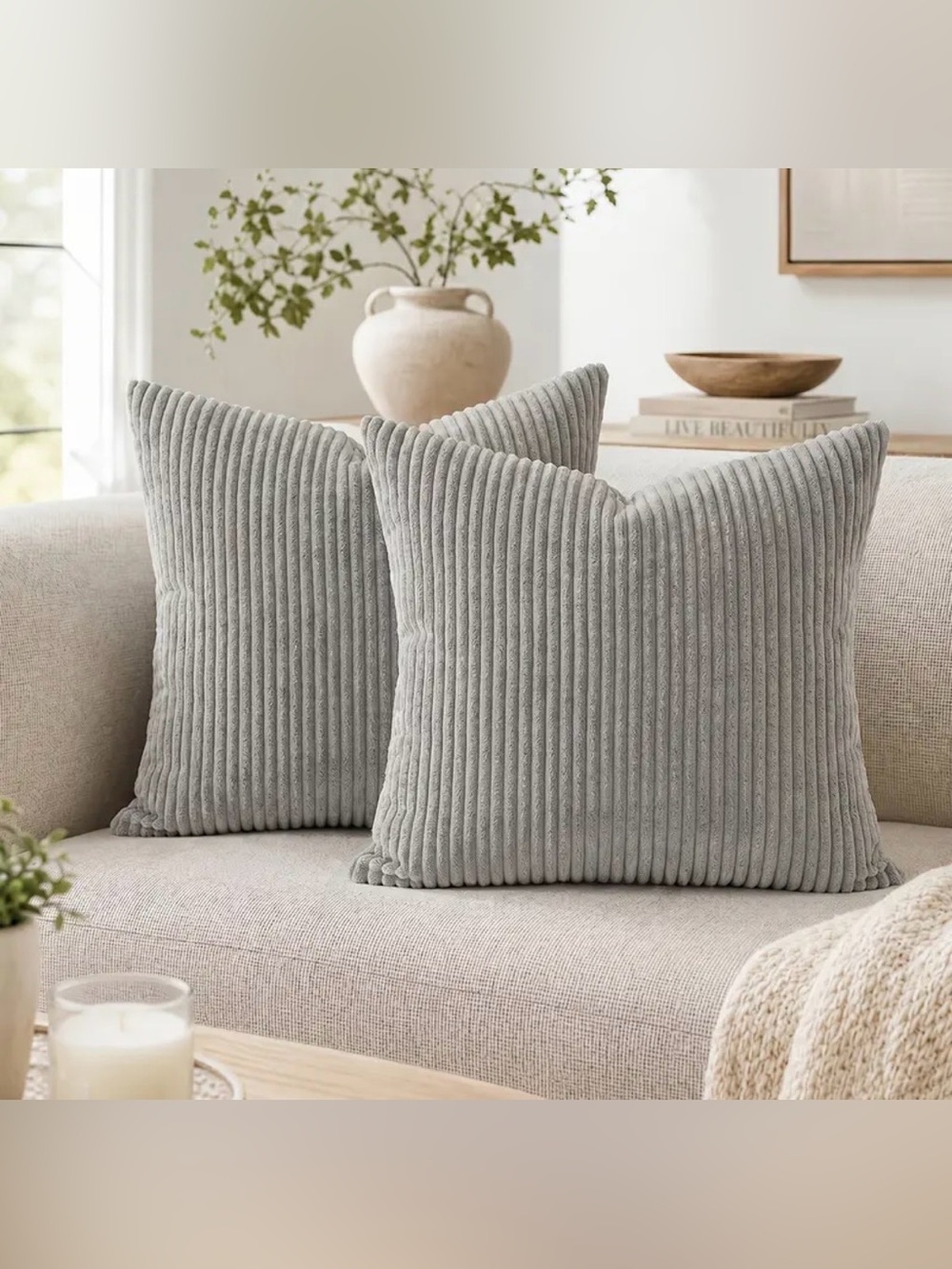2 Pack Gray Striped Velvet Corduroy Pillow Covers 20x20 Hidden Zipper